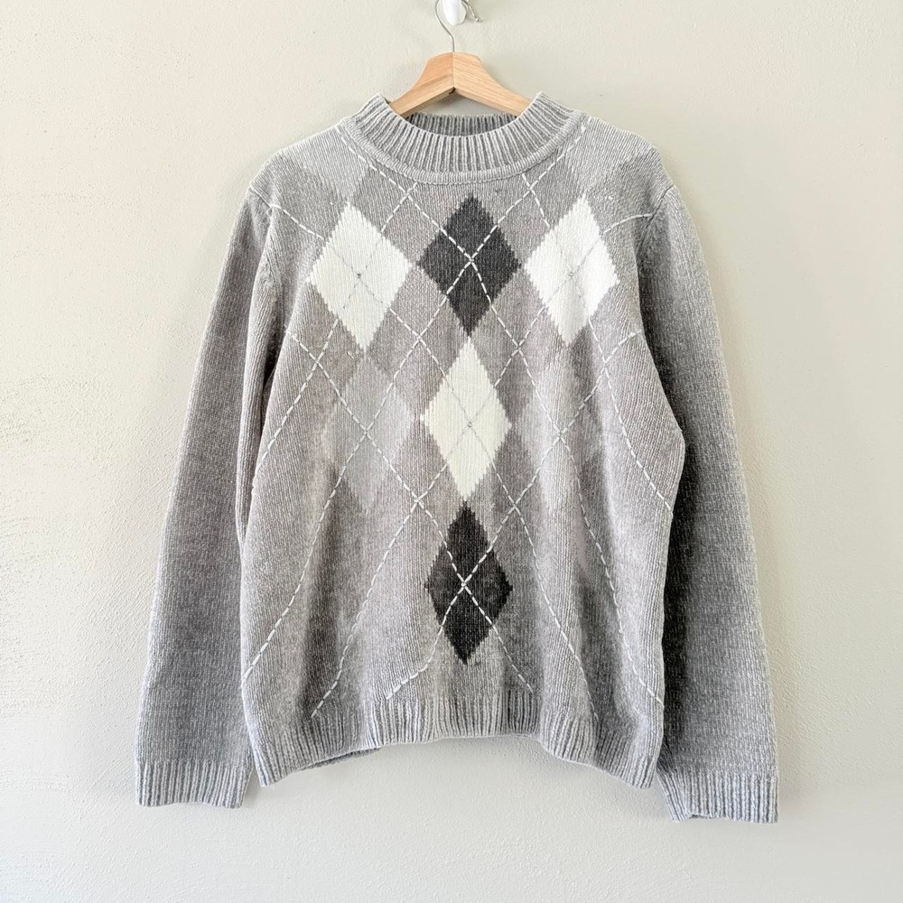 Alfred Dunner Women's XL Gray Argyle Mock Neck Sweater